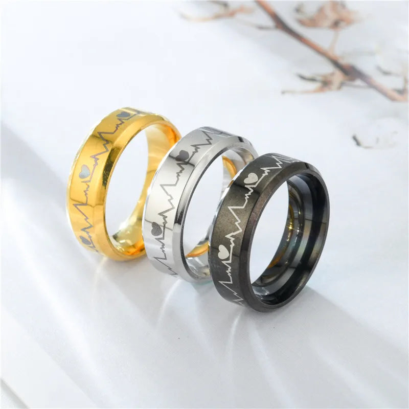 6mm Punk Rings Men/Women Titanium Steel Black Electrocardiogram Wave heartbeat Ring Fashion Jewelry Simple Style Qme