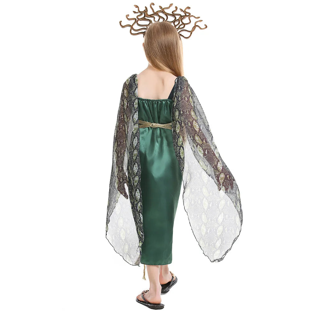 Girl Medusa Cosplay Costumes Greek Mythology Gorgon Medusa Gorgon Dress Headdress Kids Halloween Performance Outfit Qme