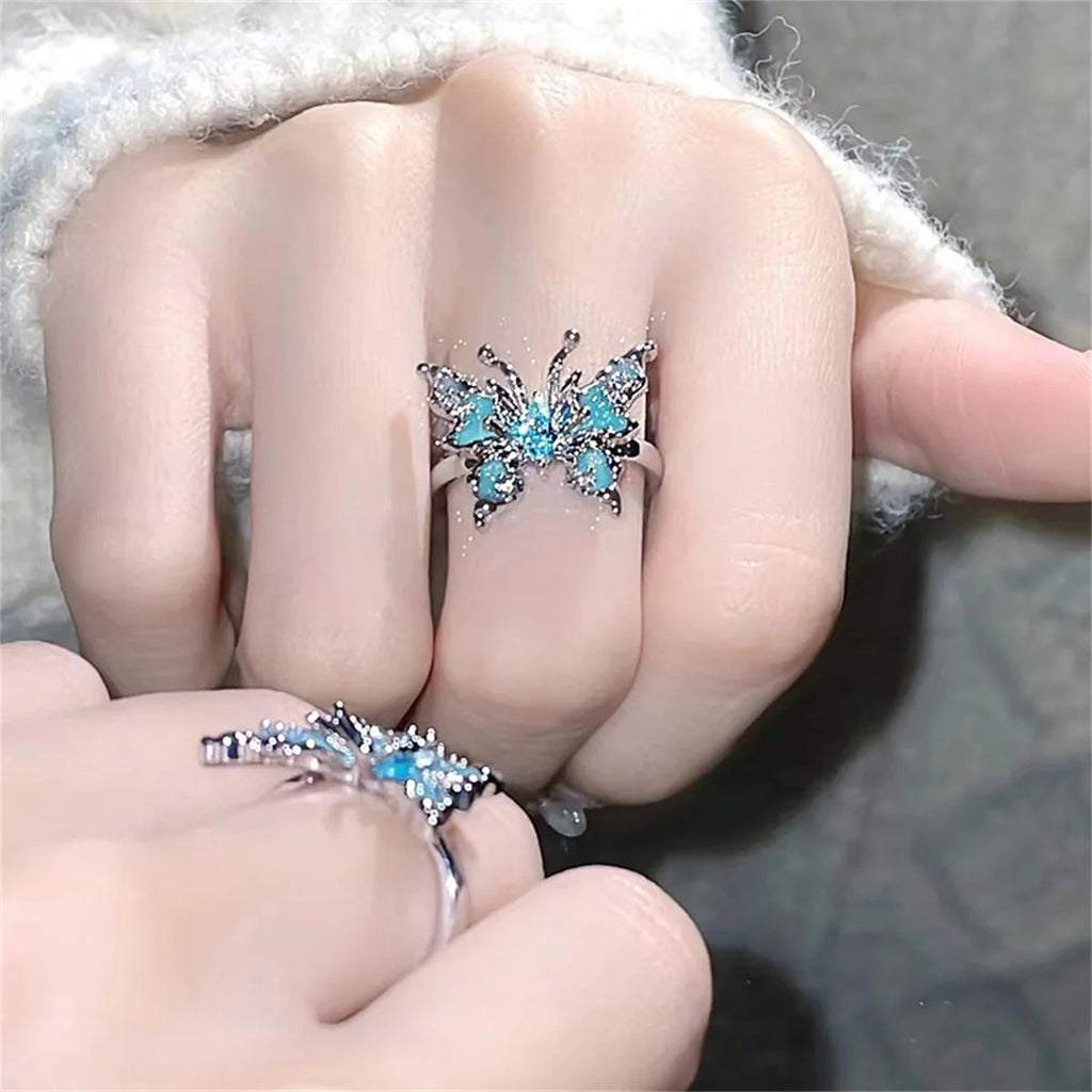 Exquisite Blue Butterfly Pearl Rings for Women Crystal Rhinestones Engagement Ring Bridal Wedding Anniversary Gift Jewelry Qme