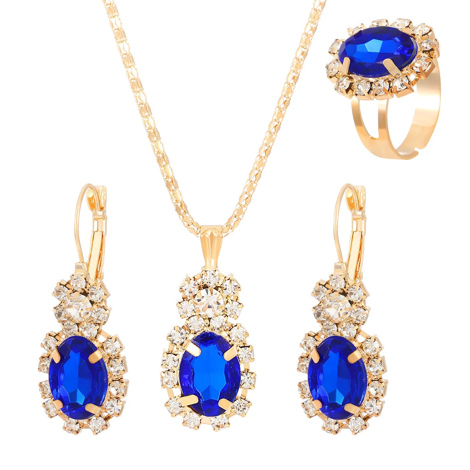 3ps Set Fashion Water Drop White Blue Red Purple Black Temperament Jewelry Sets for Party Women Pendant/Necklace/Earrings/Rings Qme