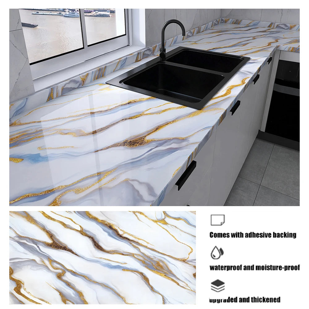 40cm Marble Kitchen Oil-proof Stickers Self-Adhesive Waterproof Cabinet Stove Countertop Wallpaper Desktop Bathroom Renovate Qme MA112 40cmX5m