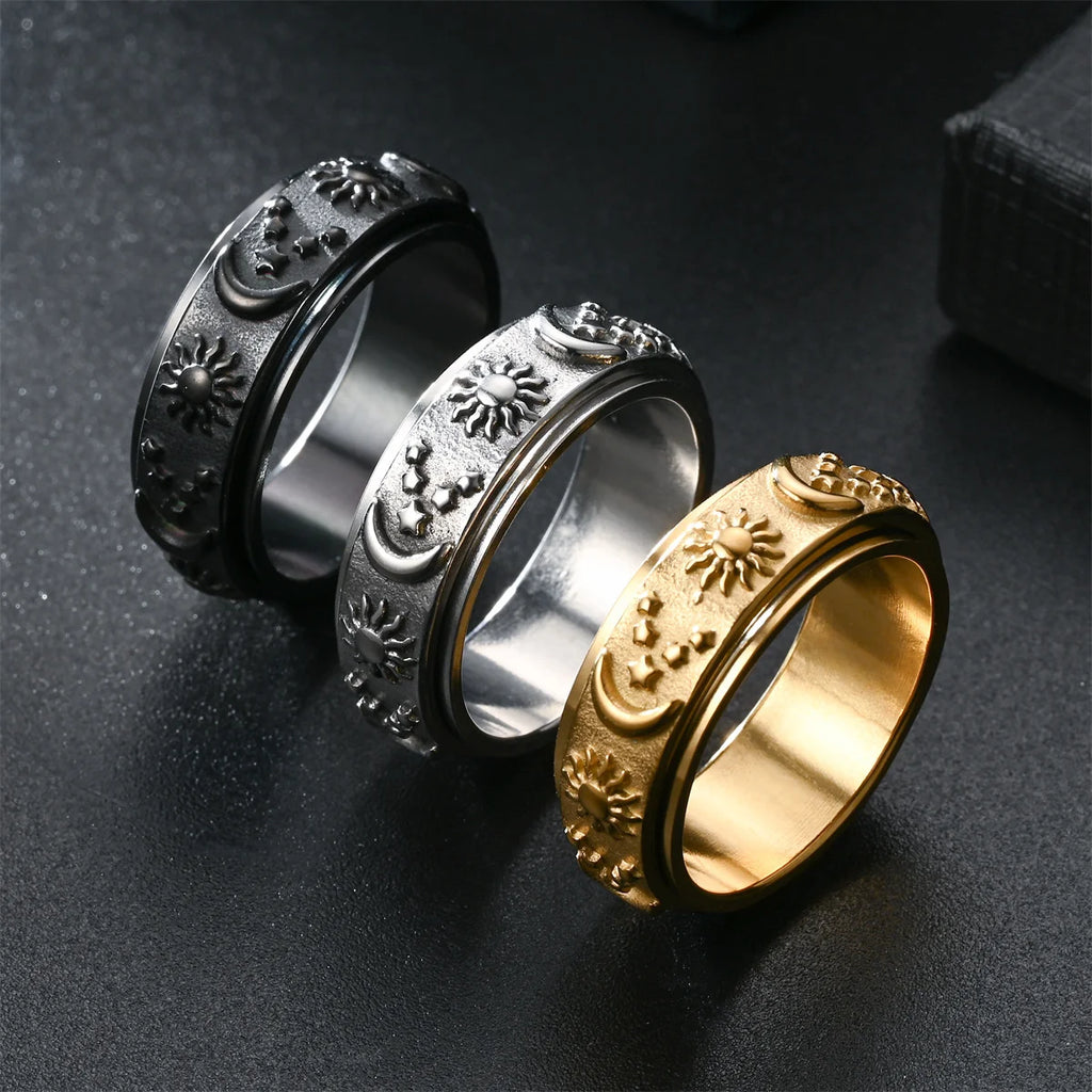 Bohemia Spinning Anxiety Relaxing Ring with Star and Moon for Women Stainless Steel Rotate Freely Fidget Spinner Rings Jewelry Qme
