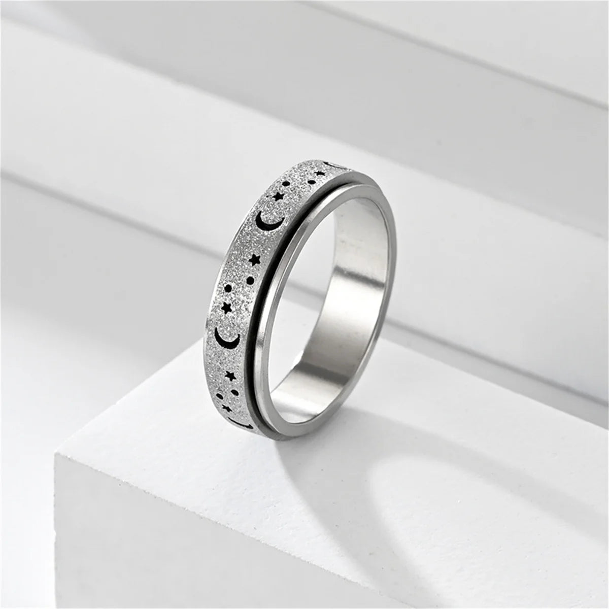 Frosted Stainless Steel Moon And Star Fidget Rings For Men Anti Stress And Anxiety Rotating Ring Fidget Metal Spinner Anillos Qme 3 6