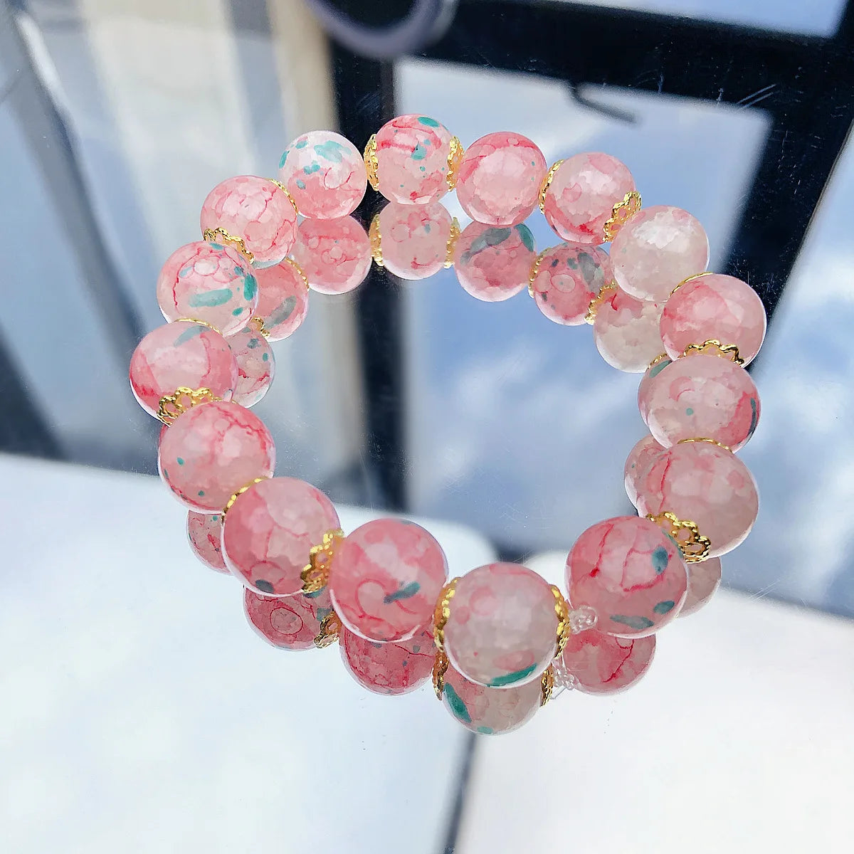 b09 Classical Fashion Sweet Exquisite Cherry Blossom Gradient Glazed Ice Cracking Glass Bracelet Natural Colors Beaded Bracelet Qme