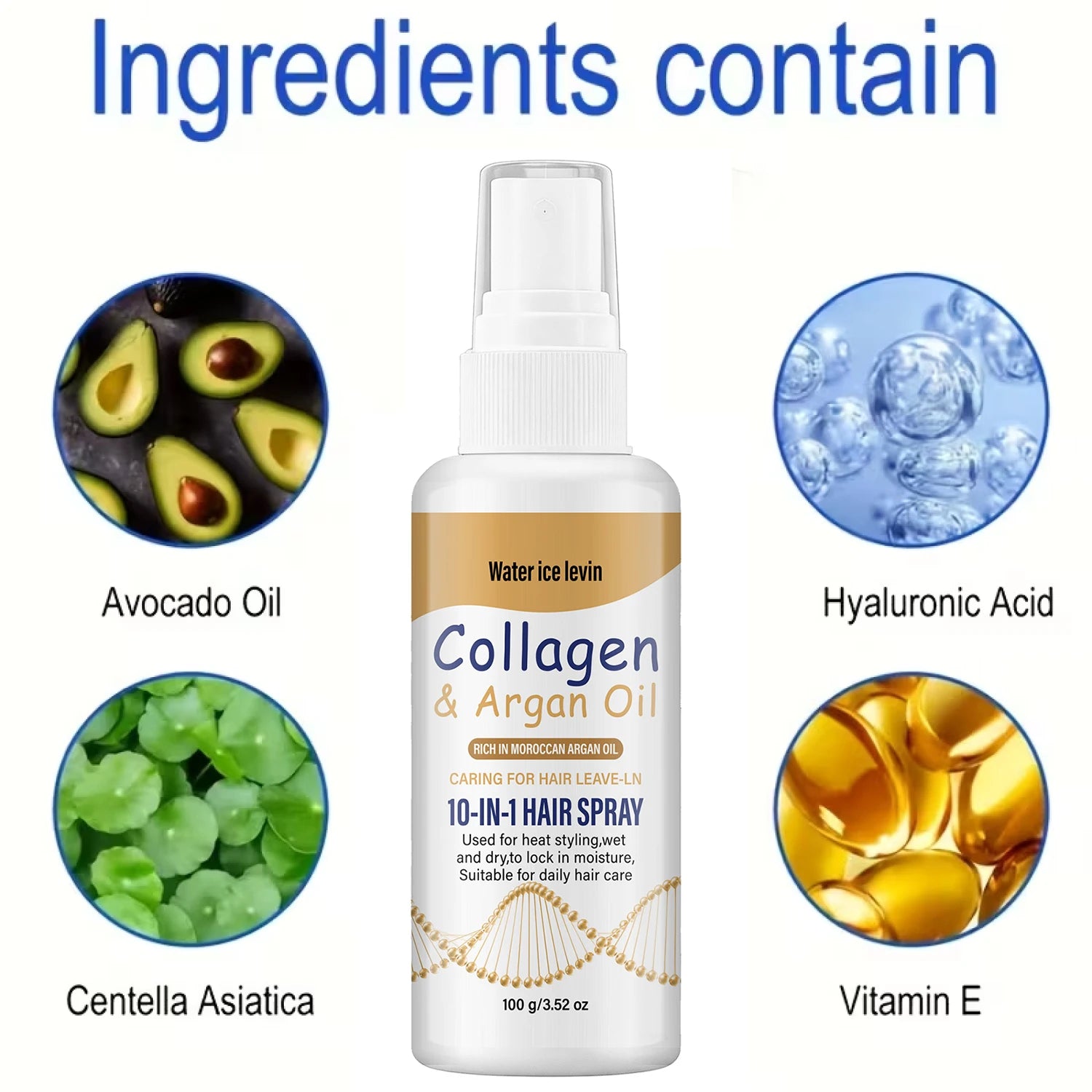 Water Ice Levin Collagen Argan Oil Leave In Hair Spray 100g Heat Protect Anti Frizz Hydrating Daily Hair Care Mist Qme