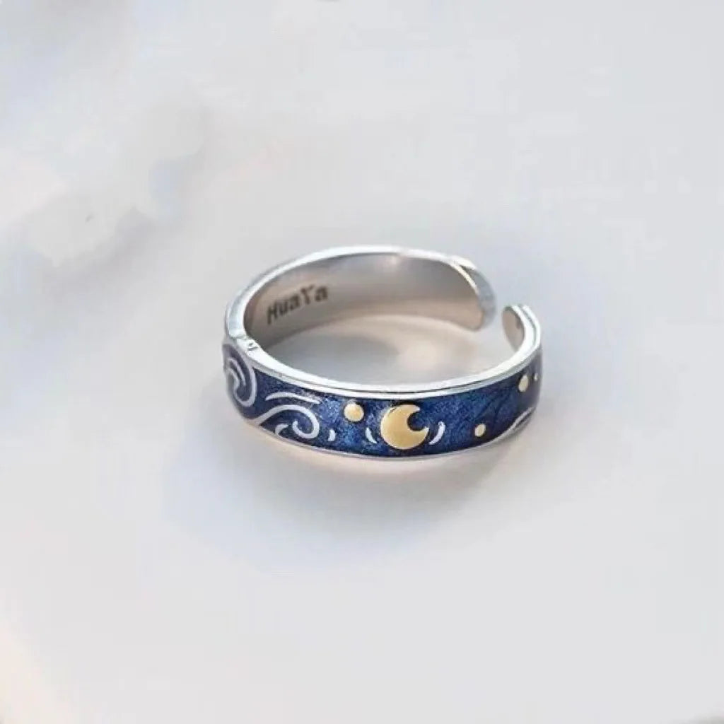 Romantic Star Moon Couple Rings Blue Starry Night Rings For Women Man Lovers Promise Engagement Wedding Ring Art Jewelry Girl Qme Women resizable