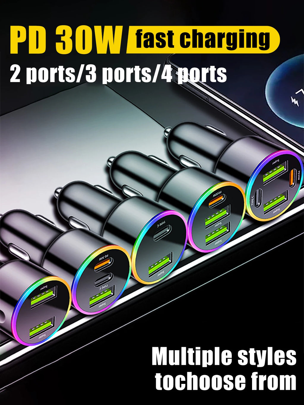 4-Port Usb+type-c Fast Charging Car Phone Charger USB C Pd 3 0 Qme