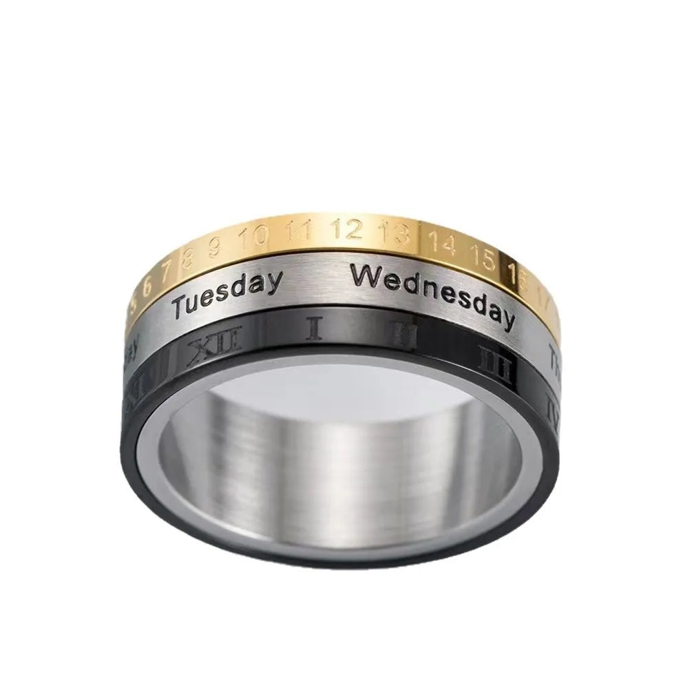 Titanium Steel Cool Punk Spinner Male Date Time Calendar Creative Rotatable 3 Part Roman Numerals Ring Mens Anxiety Fidget Rings Qme