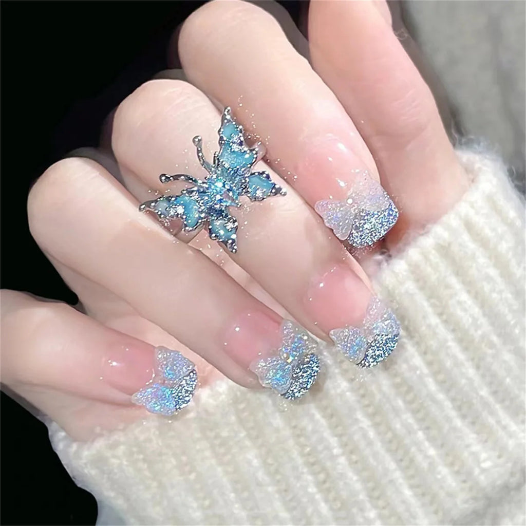 Exquisite Blue Butterfly Pearl Rings for Women Crystal Rhinestones Engagement Ring Bridal Wedding Anniversary Gift Jewelry Qme