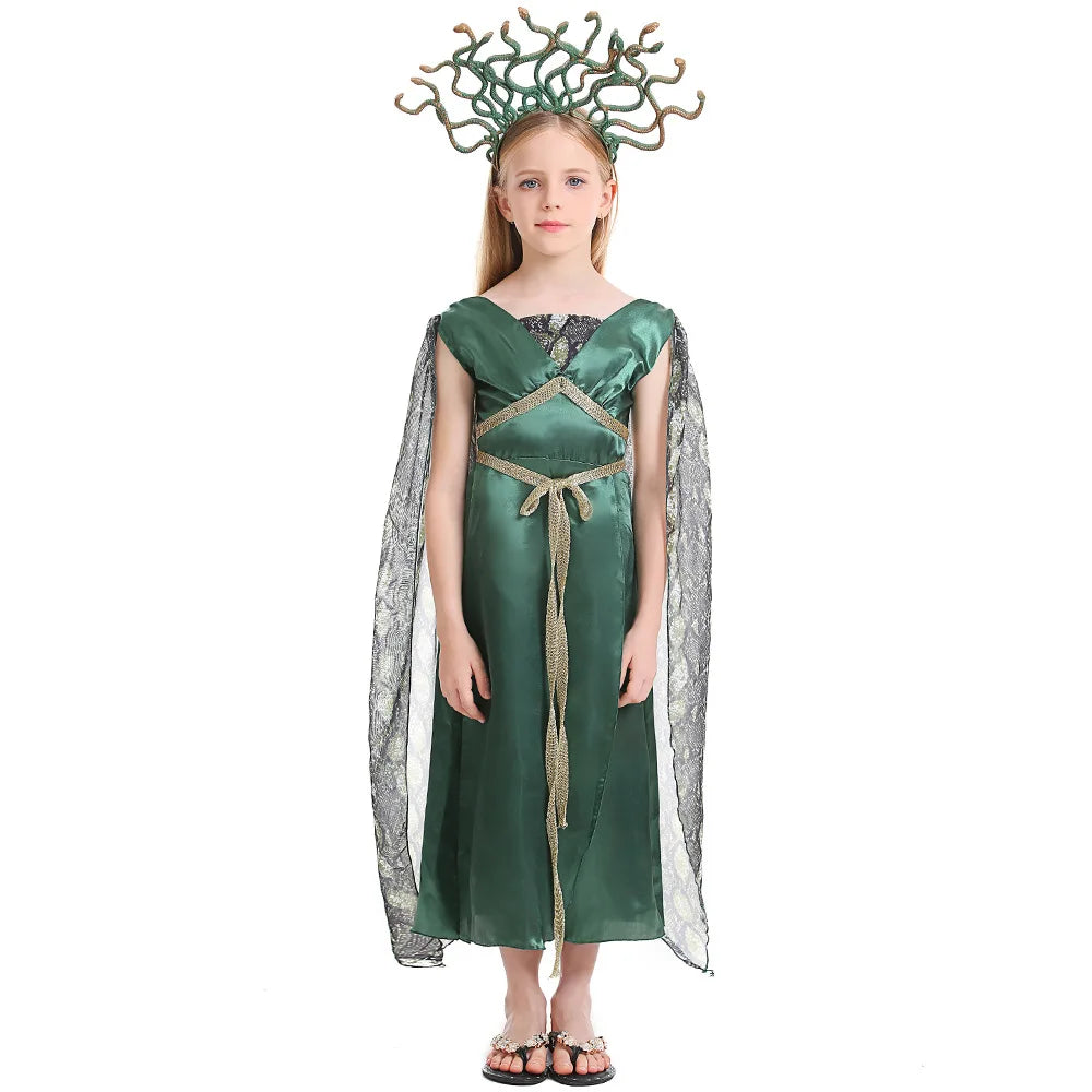 Girl Medusa Cosplay Costumes Greek Mythology Gorgon Medusa Gorgon Dress Headdress Kids Halloween Performance Outfit Qme