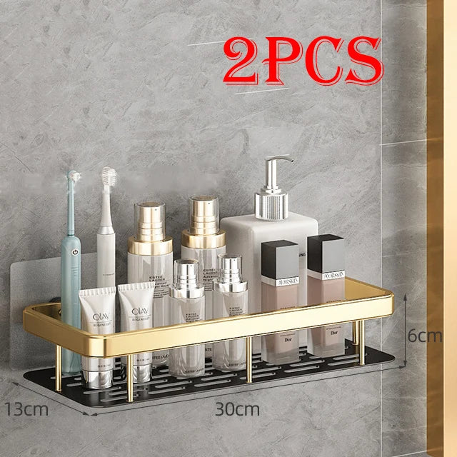 High Quality Wall Mounted Rectangular Rack Bathroom Storage Rack Towel Rack Wall Shower Shampoo Rack Drill Free Rack Tripod Qme gold-B-2Pcs