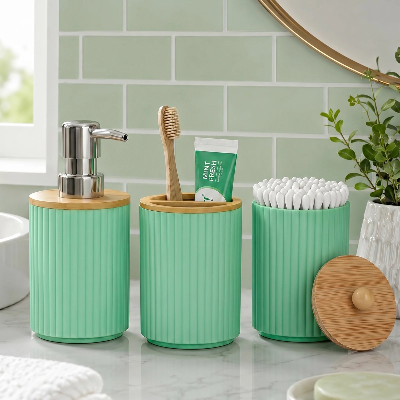 Bathoorm Accessories Set Modern Farmhouse Ribbed Bathroom Decor Set with Liquid Soap Dispenser Toothbrush Holder Cotton Swab Jar Qme