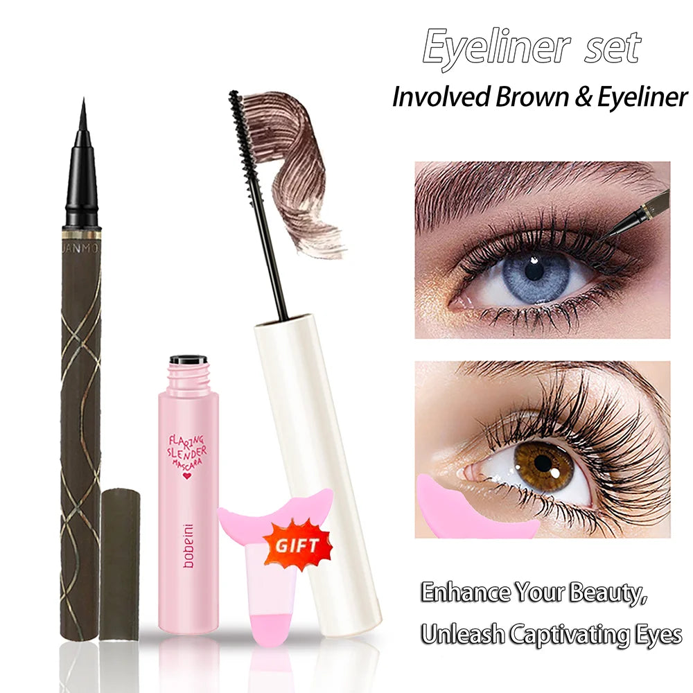 Silk Fiber Curling Mascara Ultra-fine Brush Lengthening Volumizing Qme eyeliner and 02 set
