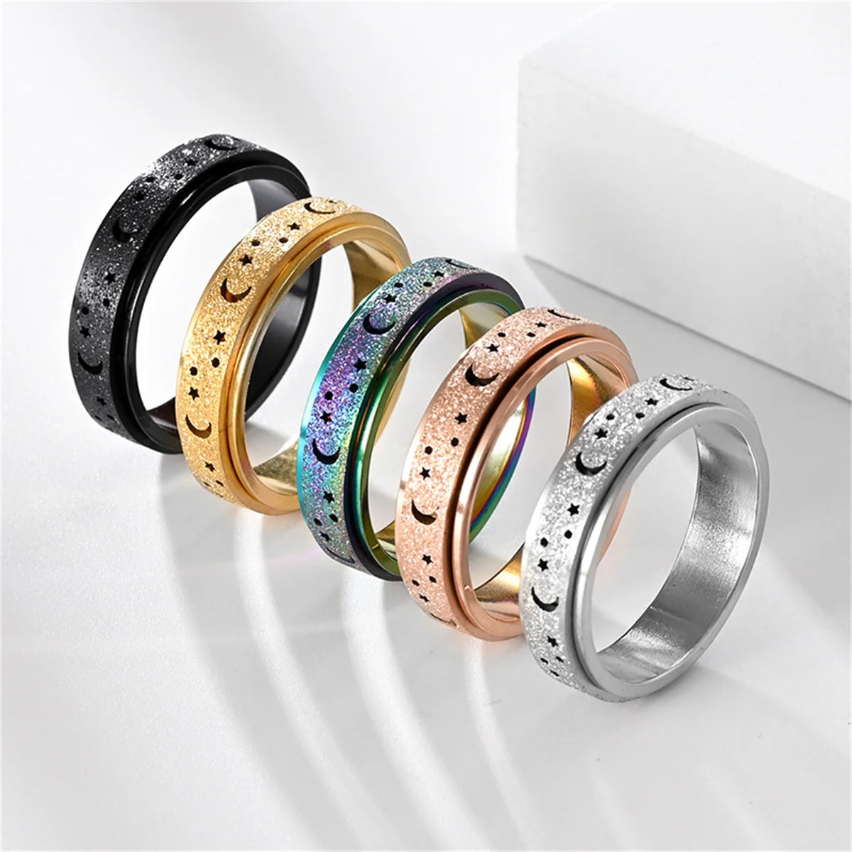 Frosted Stainless Steel Moon And Star Fidget Rings For Men Anti Stress And Anxiety Rotating Ring Fidget Metal Spinner Anillos Qme