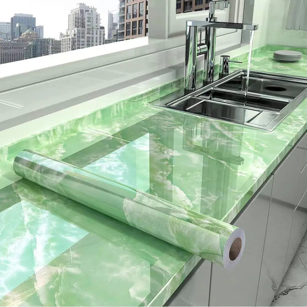 Kitchen Oil-Proof Film Stove Waterproof Moisture-Proof Self-Adhesive Wallpaper Countertop Cabinet Renovation Tile Marble Sticker Qme green 60cmX1m