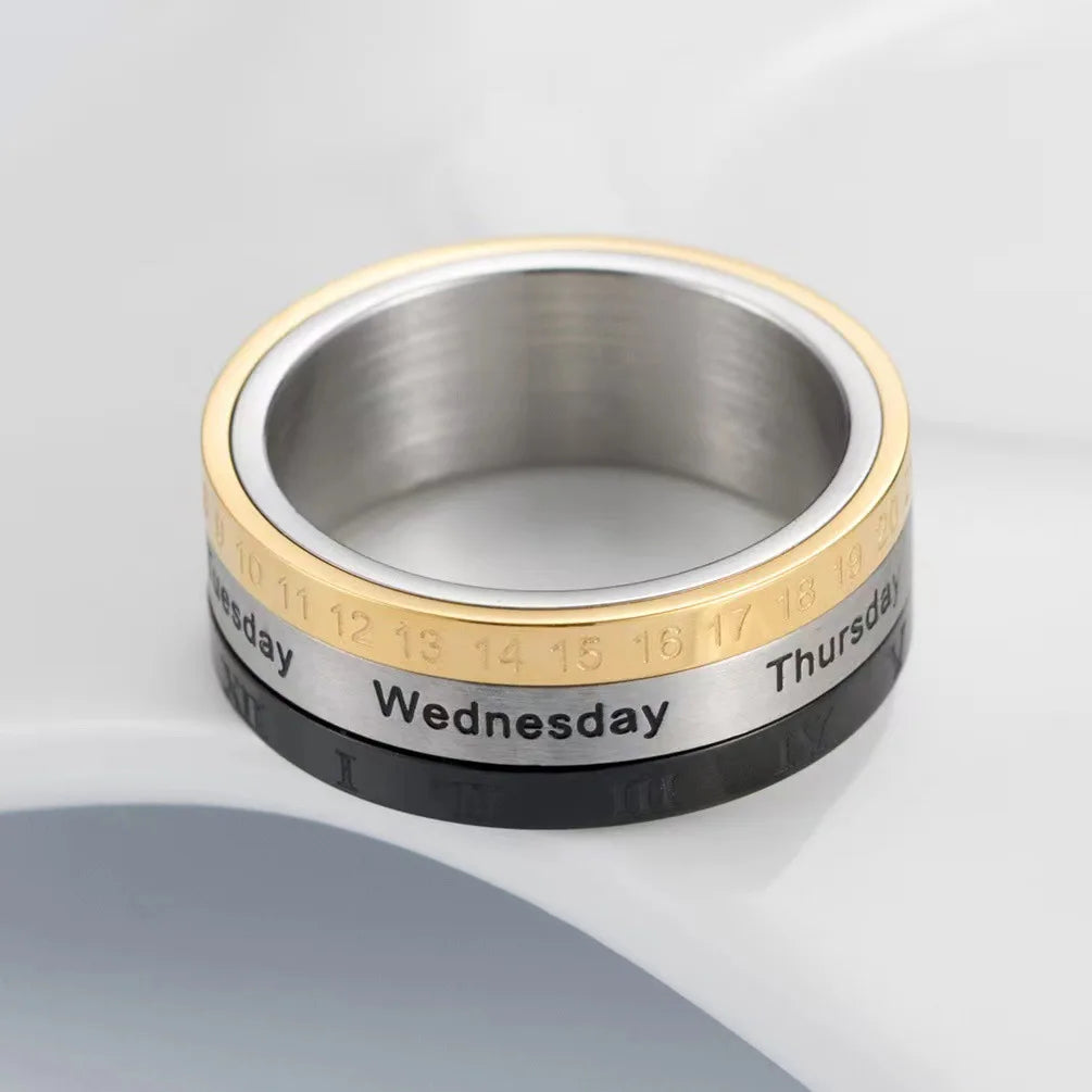 Titanium Steel Cool Punk Spinner Male Date Time Calendar Creative Rotatable 3 Part Roman Numerals Ring Mens Anxiety Fidget Rings Qme
