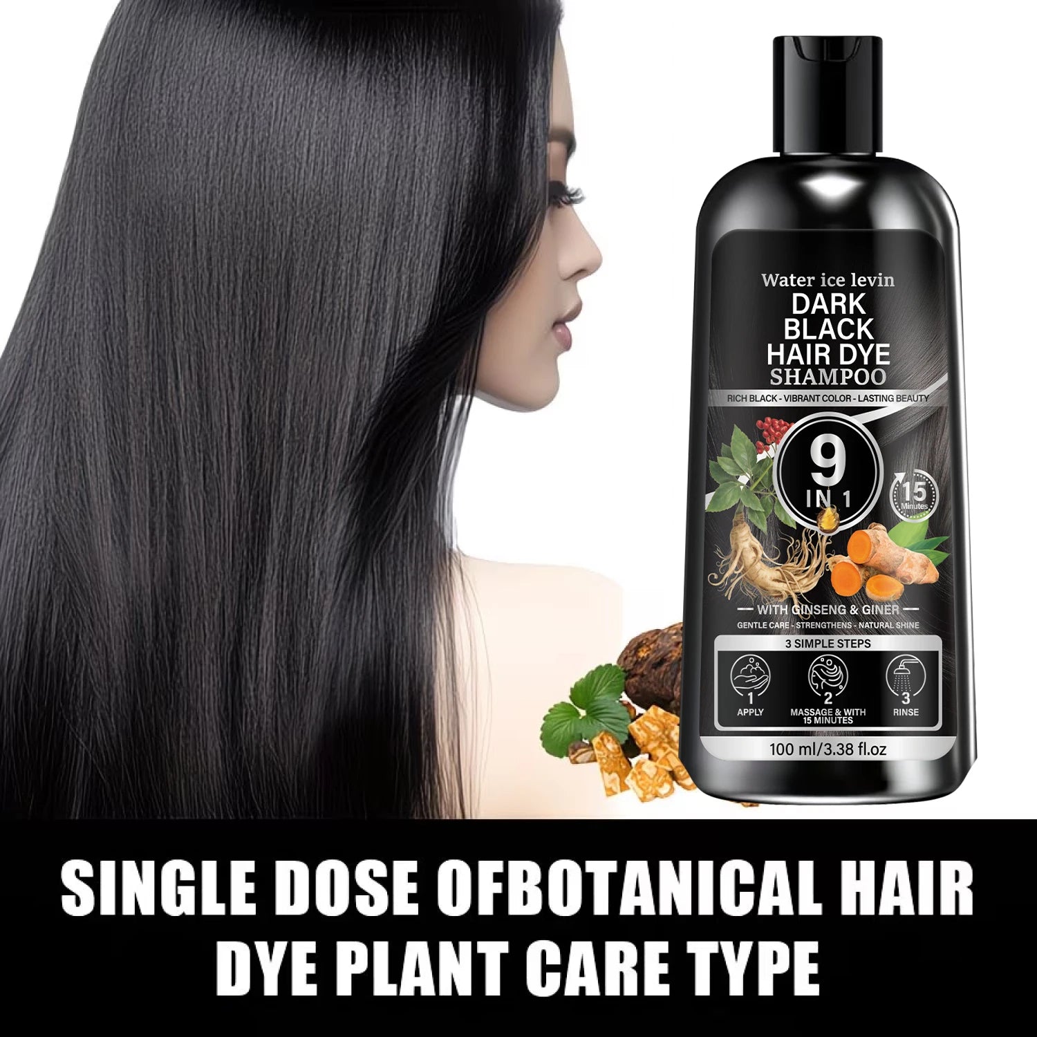 Water Ice Levin Plant Black Hair Dye Shampoo 100ml Ginseng Ginger Mild Coloring Nourish Scalp Long Lasting Hair Care Qme