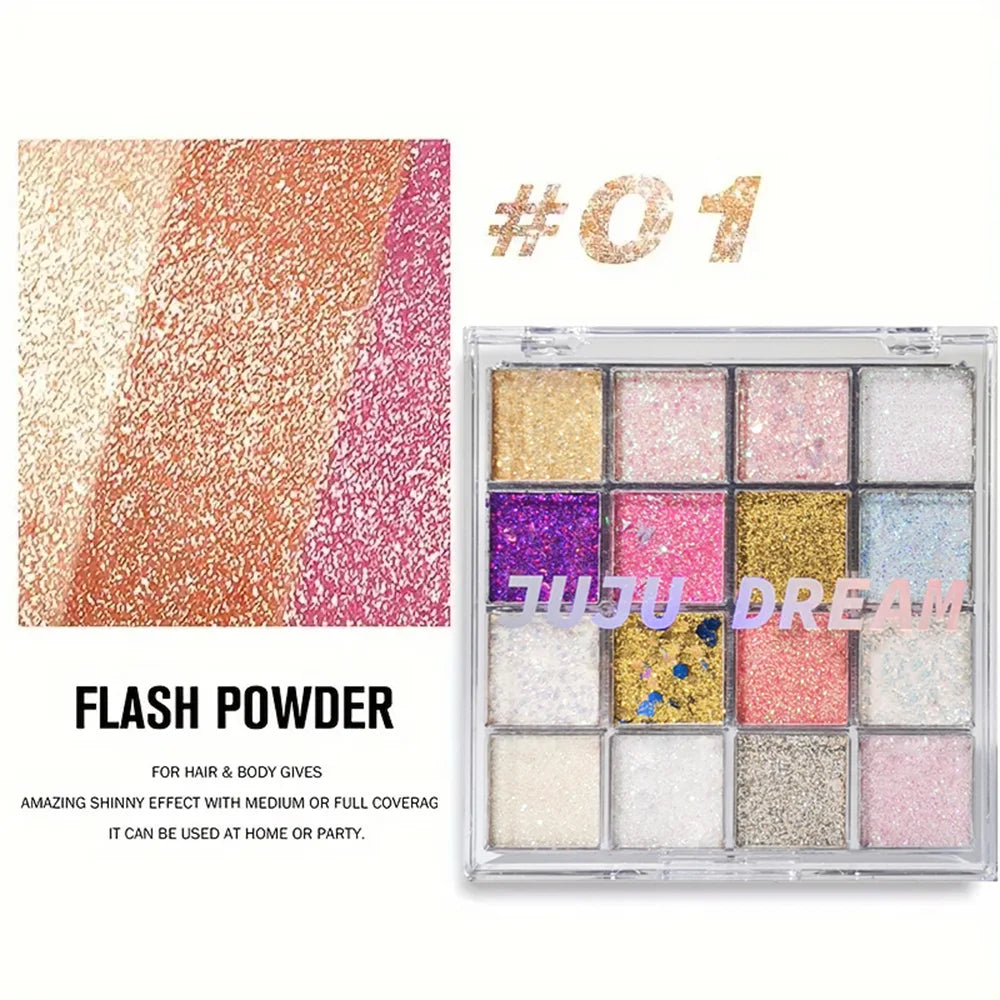 16-Color Glitter Eyeshadow Pumpkin Cherry Blue Purple Shades Bold Qme