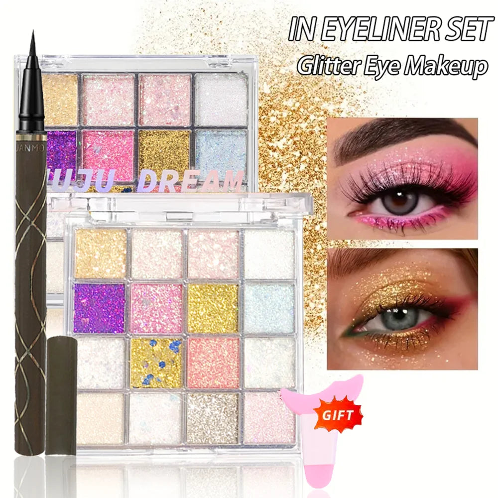 16-Color Glitter Eyeshadow Pumpkin Cherry Blue Purple Shades Bold Qme glitter set