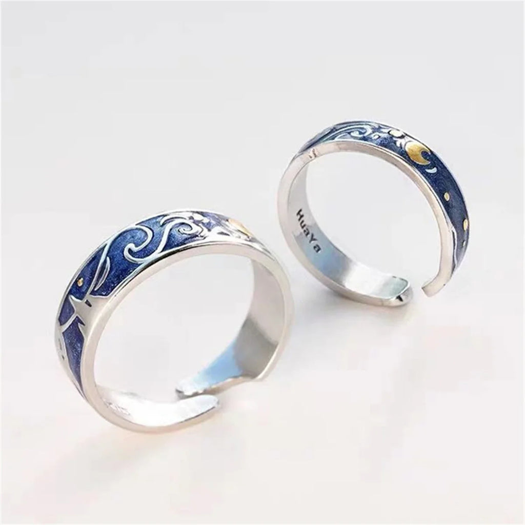 Romantic Star Moon Couple Rings Blue Starry Night Rings For Women Man Lovers Promise Engagement Wedding Ring Art Jewelry Girl Qme