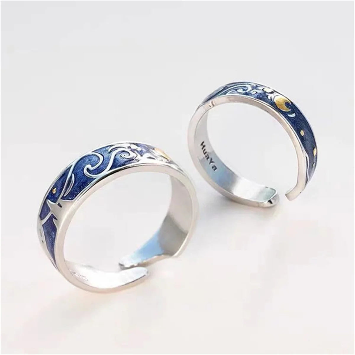 Romantic Star Moon Couple Rings Blue Starry Night Rings For Women Man Lovers Promise Engagement Wedding Ring Art Jewelry Girl Qme