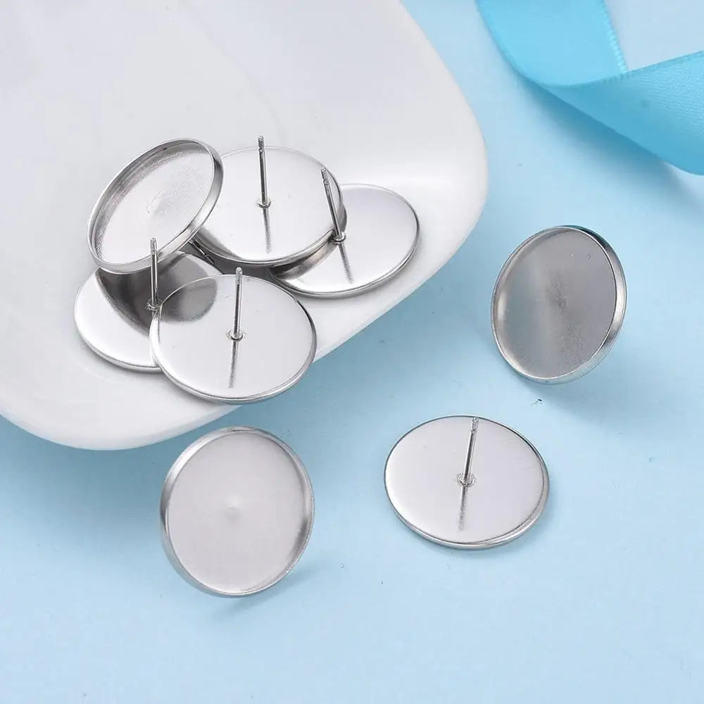 PandaHall 20-50Pcs Stainless Steel Surgical Blank Stud Earring Cabochon Settings Post Cup Bezel Setting for Jewelry Making Qme