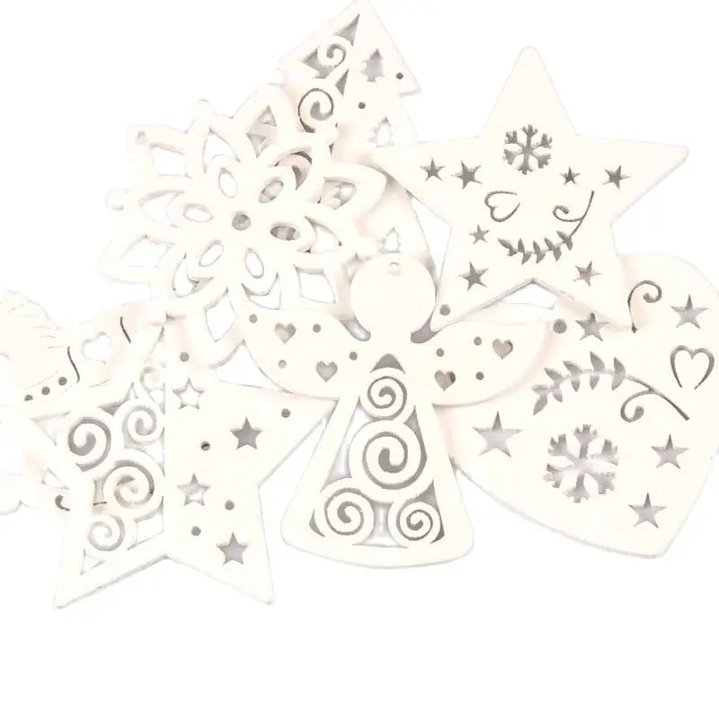 5pcs+1m hemp rope Christmas Tree Ornament Wooden Hanging Pendants White angels/stars/snowflakes Christmas Decorations for Home Qme
