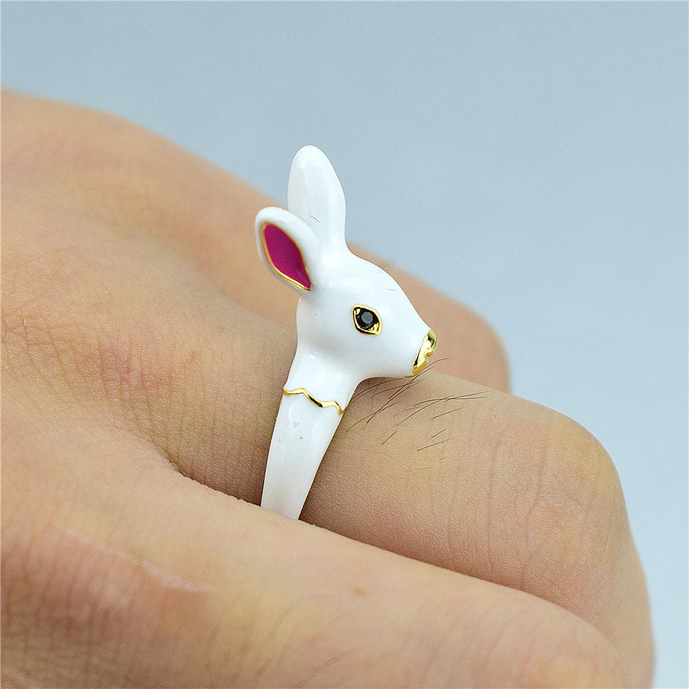 New Japan and South Korea cute girl heart rabbit ring enamel drip opening adjustable jewelry Qme
