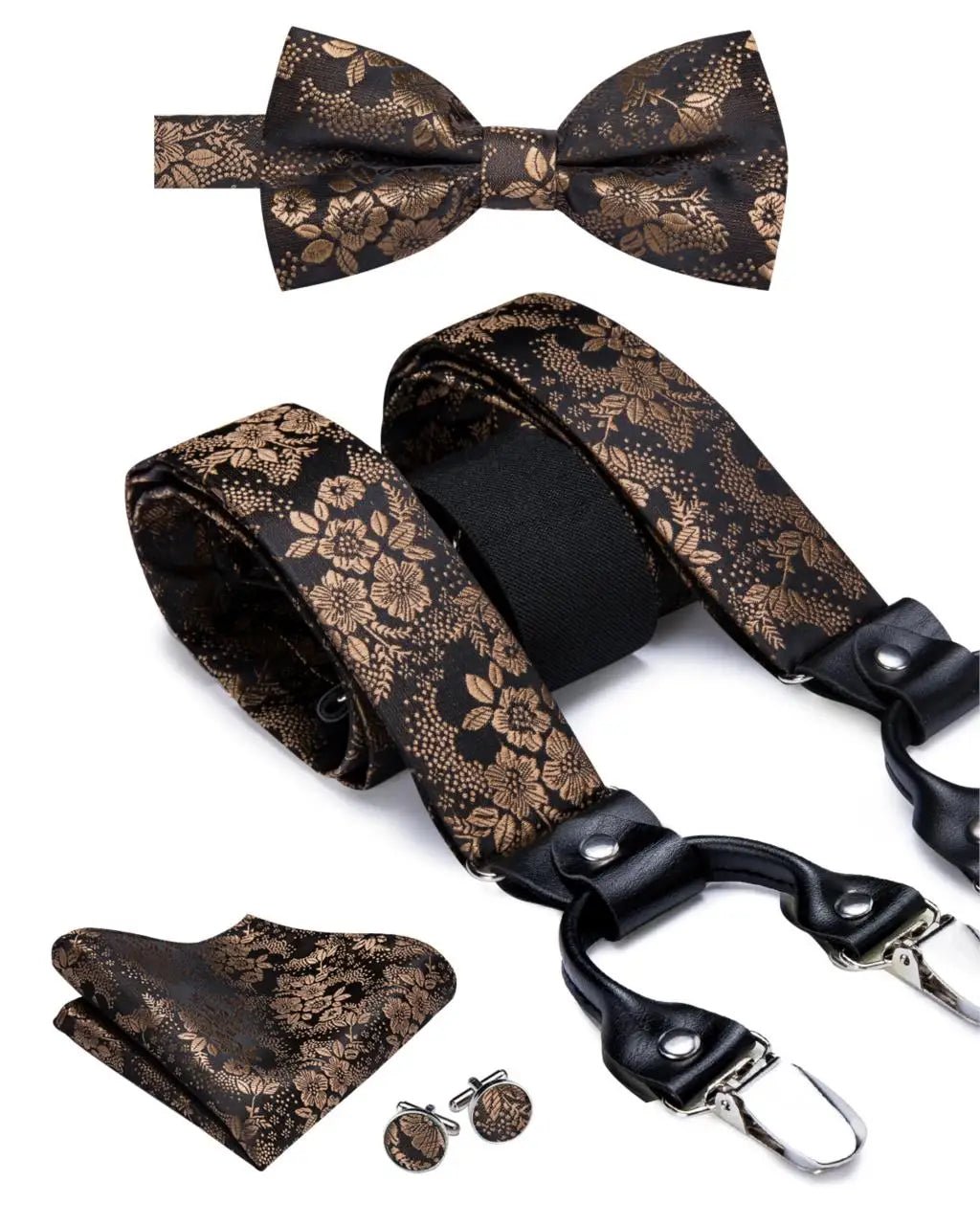 Hi-Tie Silk Men's Suspender Metal 6 Clips on Braces Bow Tie Hankerchief Cufflinks Male Wedding Party Business Vintage Adjustable Qme BD-3012