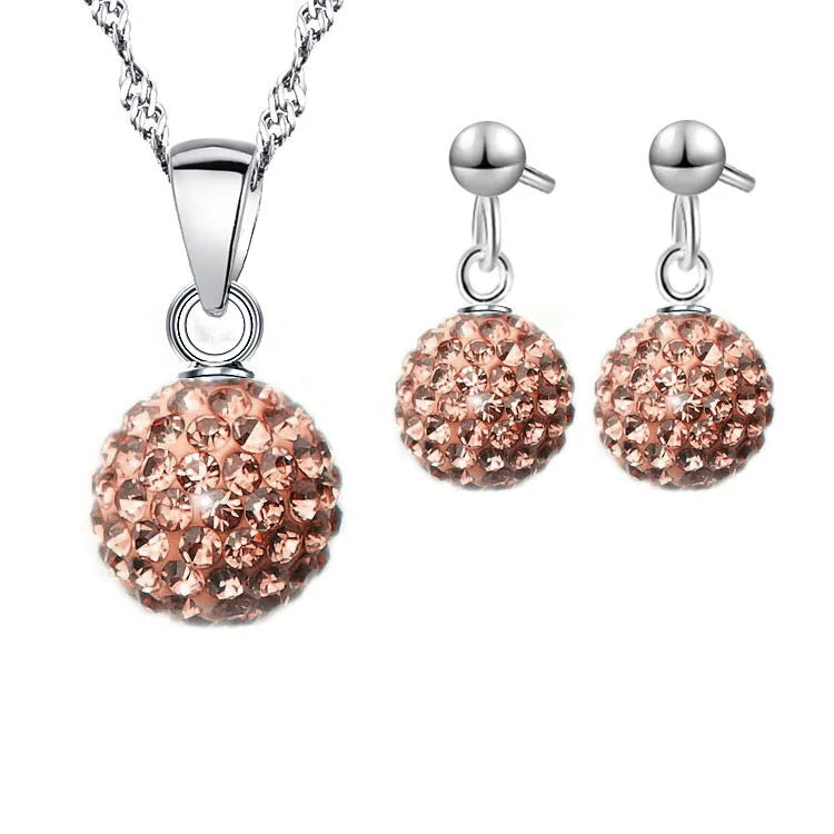 925 Sterling Silver Stamped Bridal Jewelry Sets Women Girls Wedding Gifts Austrian Crystal CZ Disco Ball Necklace Hoop Earrings Qme Peach 2