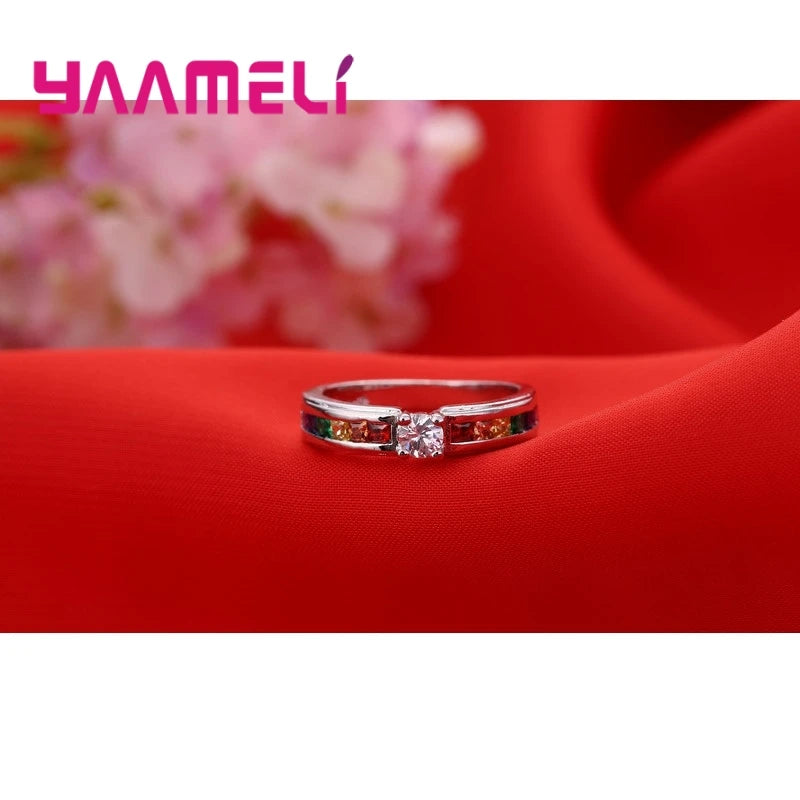 Real 100% 925 Sterling Silver Color Rainbow Cubic Zircon Rings For Women Wedding Lovely Engagement Proposal Ring Accessory Qme