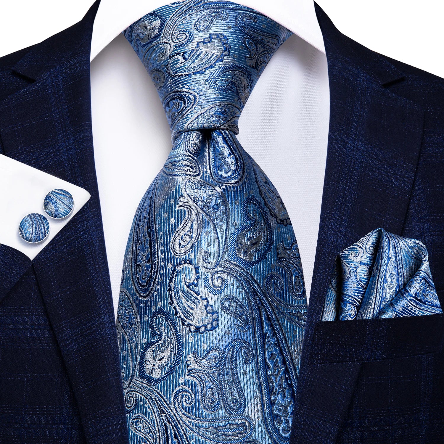 Hi-tie Light Blue Striped Novelty Wedding Tie Men Handky Cufflinks Qme 3214