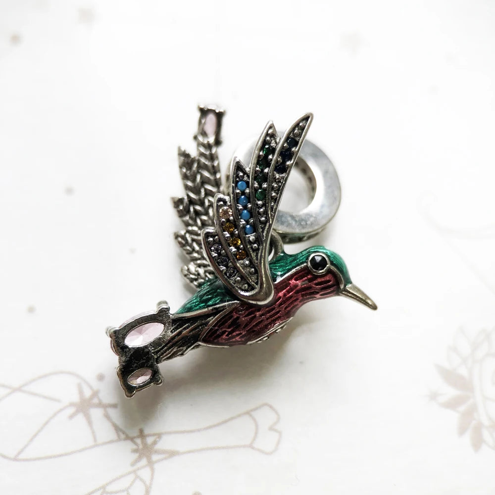 Colourful Hummingbird 925 Sterling Silver Dangle Charm Pendant Women Summer Fine Jewelry Qme