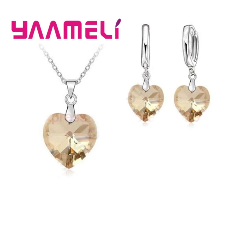 Love Heart Shape Women 925 Sterling Silver Color Bridal Jewelry Set For Wedding Fashion Crystal Pendants Necklaces Earring Set Qme Champagne