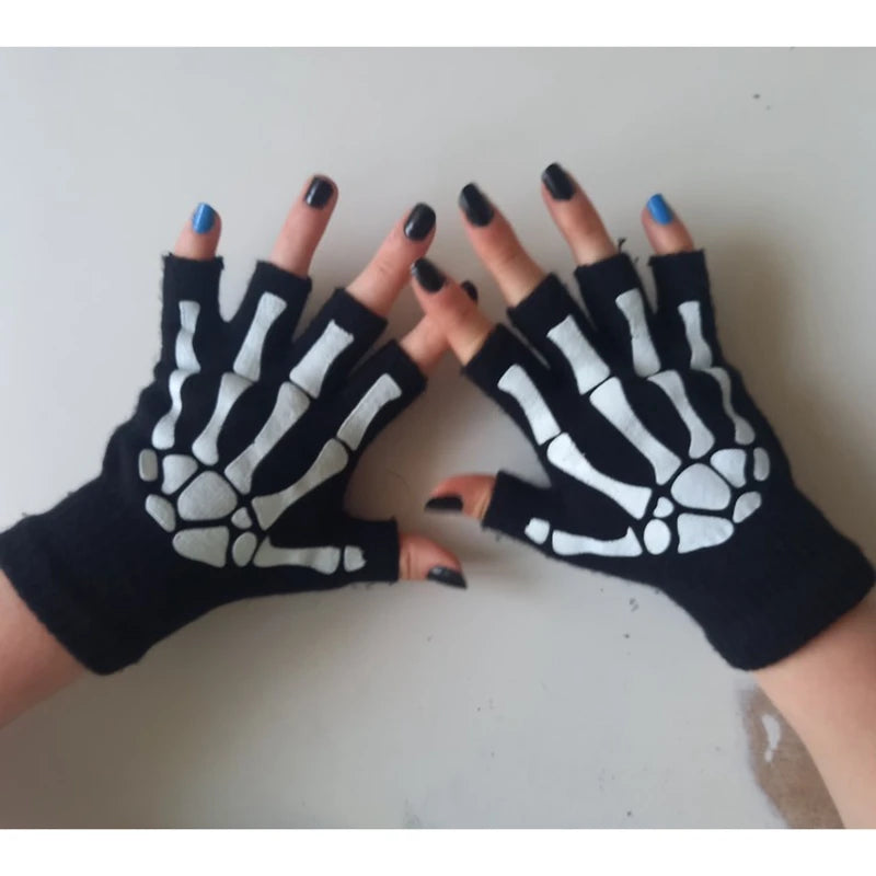 Punk Gloves Unisex Halloween Skeleton Skull Half Finger Glow Dark Qme