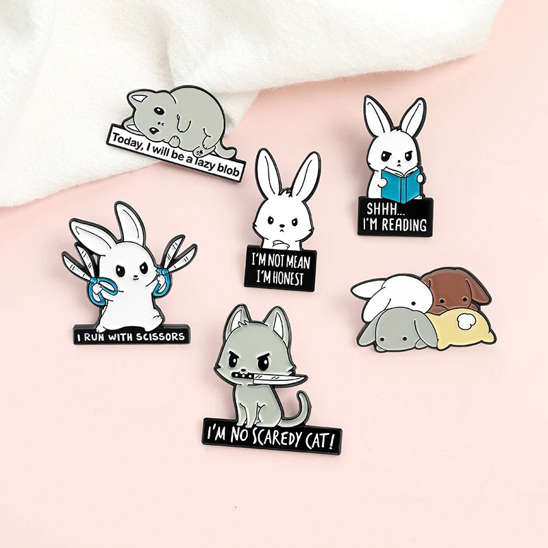 Cat Metal Brooches Kitty Dagger Scissors Book Badges Hat Bag Backpack Accessories Jewelry Bunny Rabbits Enamel Lapel Pins Qme