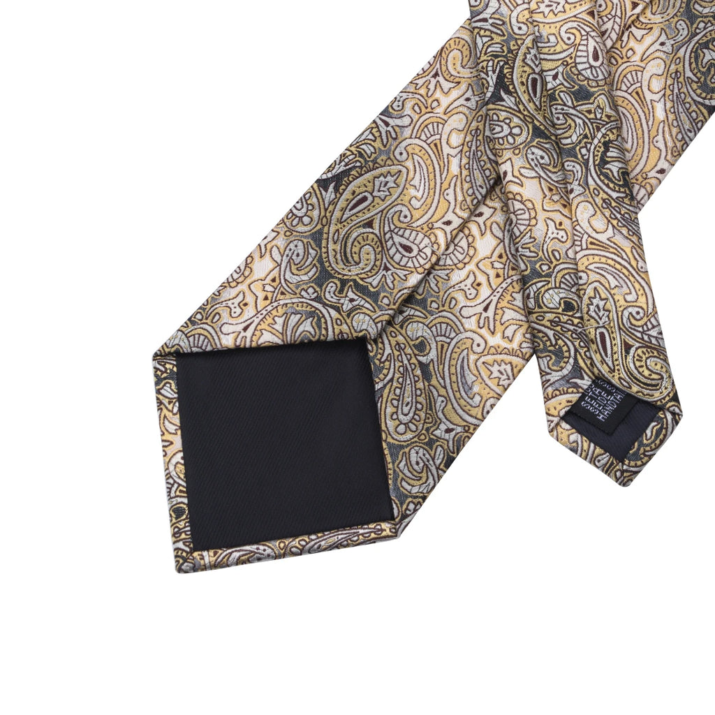 Yellow Brown Paisley Tie Men Men's Clip Luxury Necktie Hanky Qme