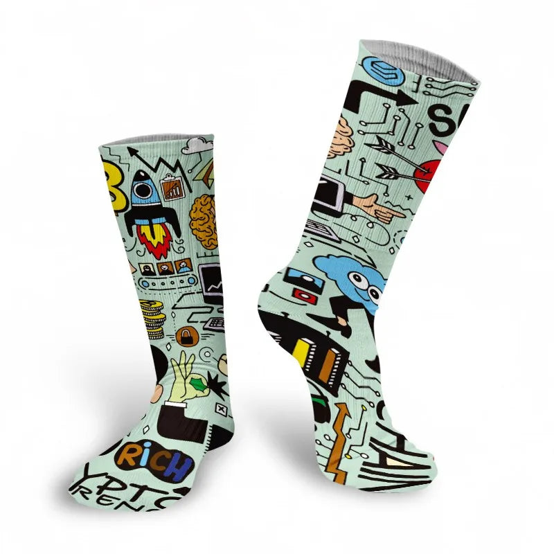 Mens Sock Funny Cartoon Doodle Pattern Hip Hop Cool Socks Women Happy Qme style3 One Size China Mainland