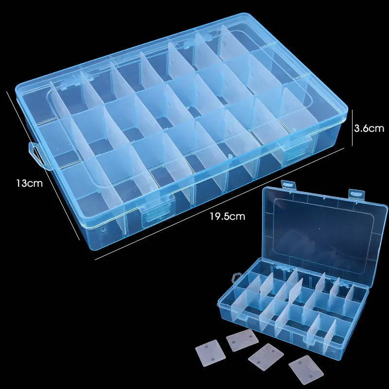 19.5x13x3.5CM Rectangle Adjustable Jewelry Container Box Case Compartment Plastic Storage Box for Beads Earrings 24 Slots 1PCS Qme Blue