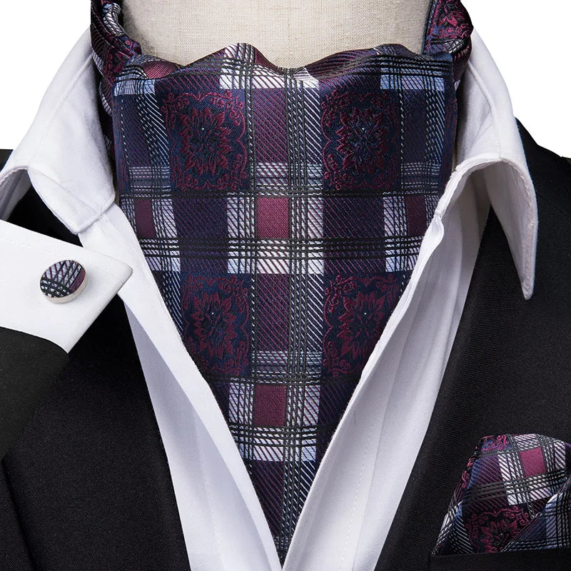 Hi-tie Silk Men's Ascot Pocket Square Cufflinks Jacquard Floral