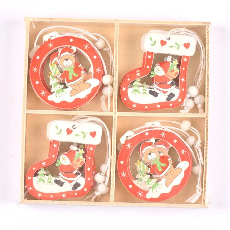 12Pcs/box New Cartoon Christmas Decorations Wooden Pendant Xmas Tree Hanging Ornaments Handmade Home Supplies Kid Gifts c2729 Qme