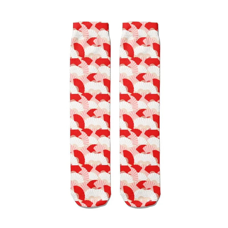 Women Nylon Long Socks 3D Print Cartoon Harajuku Heart Funny Tube Red Qme style1 One Size China Mainland