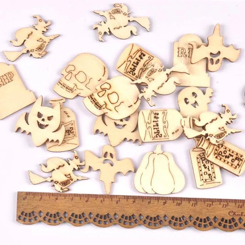 50Pcs Halloween Skull/pumpkin Wood Slices DIY Crafts Supplies Wooden Embellishments Handmade Scrapbooking Party Home Decor m2717 Qme