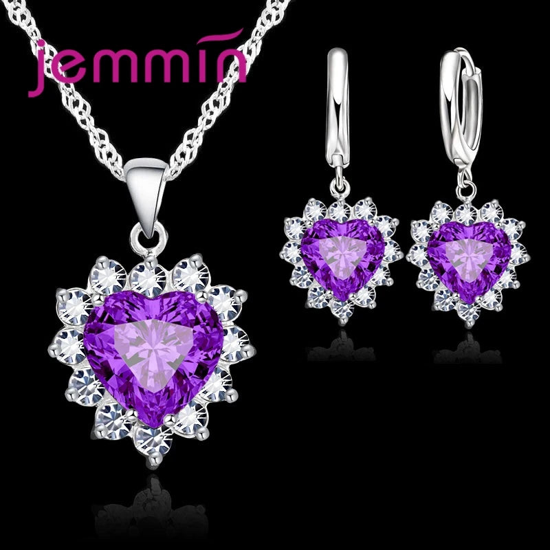 Top Sale Wding Engagement Anniversary Gift Jewelry Sets 925 Silver Color Stamped Heart Pendant Hoop Earrings for Women Girls Qme Purple