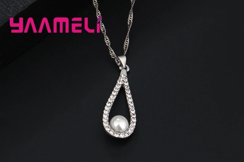 Pure 925 Sterling Silver Color CZ Crystal Water Drop Pearl Necklaces Pendant Chain Earrings Woman Fine Wedding Jewelry Set Gift Qme