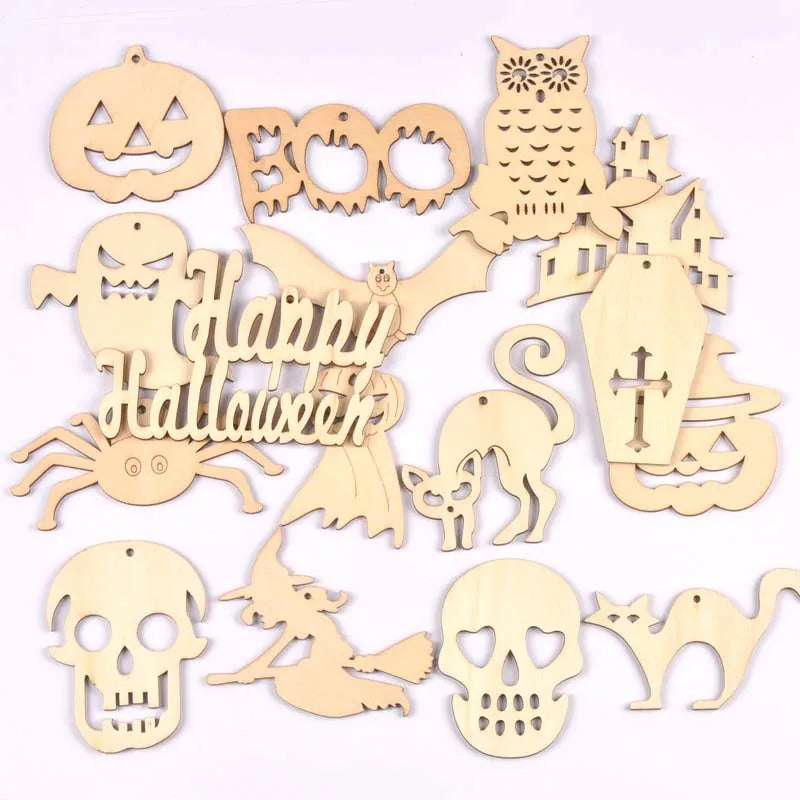 Mixed Natural Wooden Halloween Pendant Wood Slices DIY Crafts Hanging Handmade Accessory Home Party Decor 60-100mm 10Pcs M2708 Qme mixed