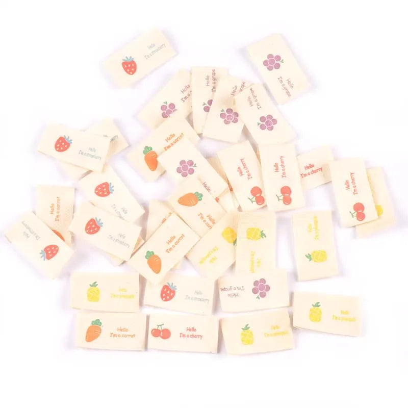50Pcs Fruits Printed Cherry/Grape/Strawberry Labels Sewing Accessories Washable Care Bags Clothes Handmade Crafts Garment Tags Qme Random Mixed