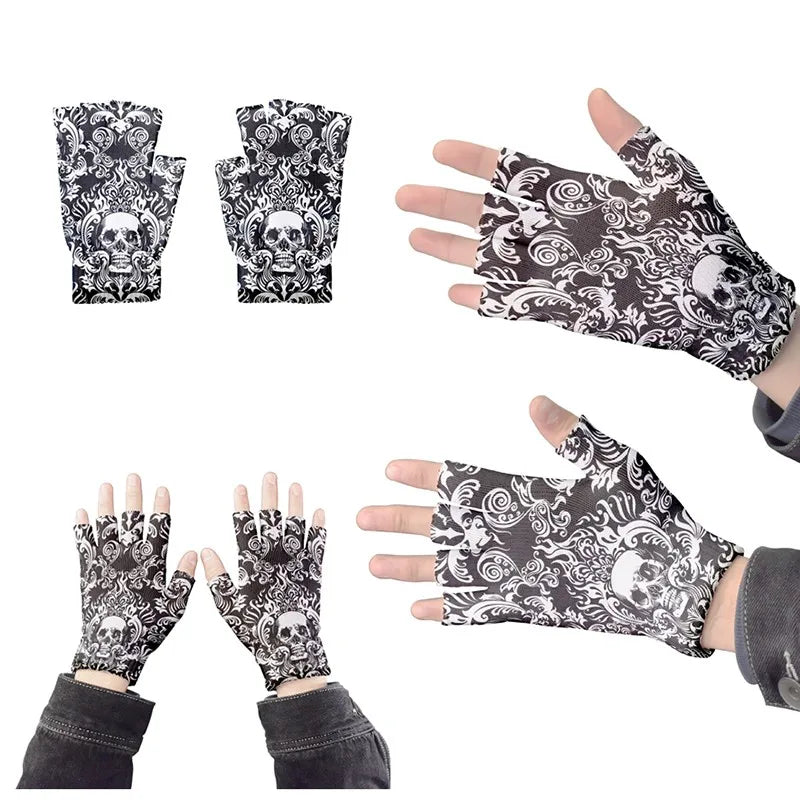 Adult Halloween Skeleton Skull Half Finger Gloves Stretch Knitted Qme