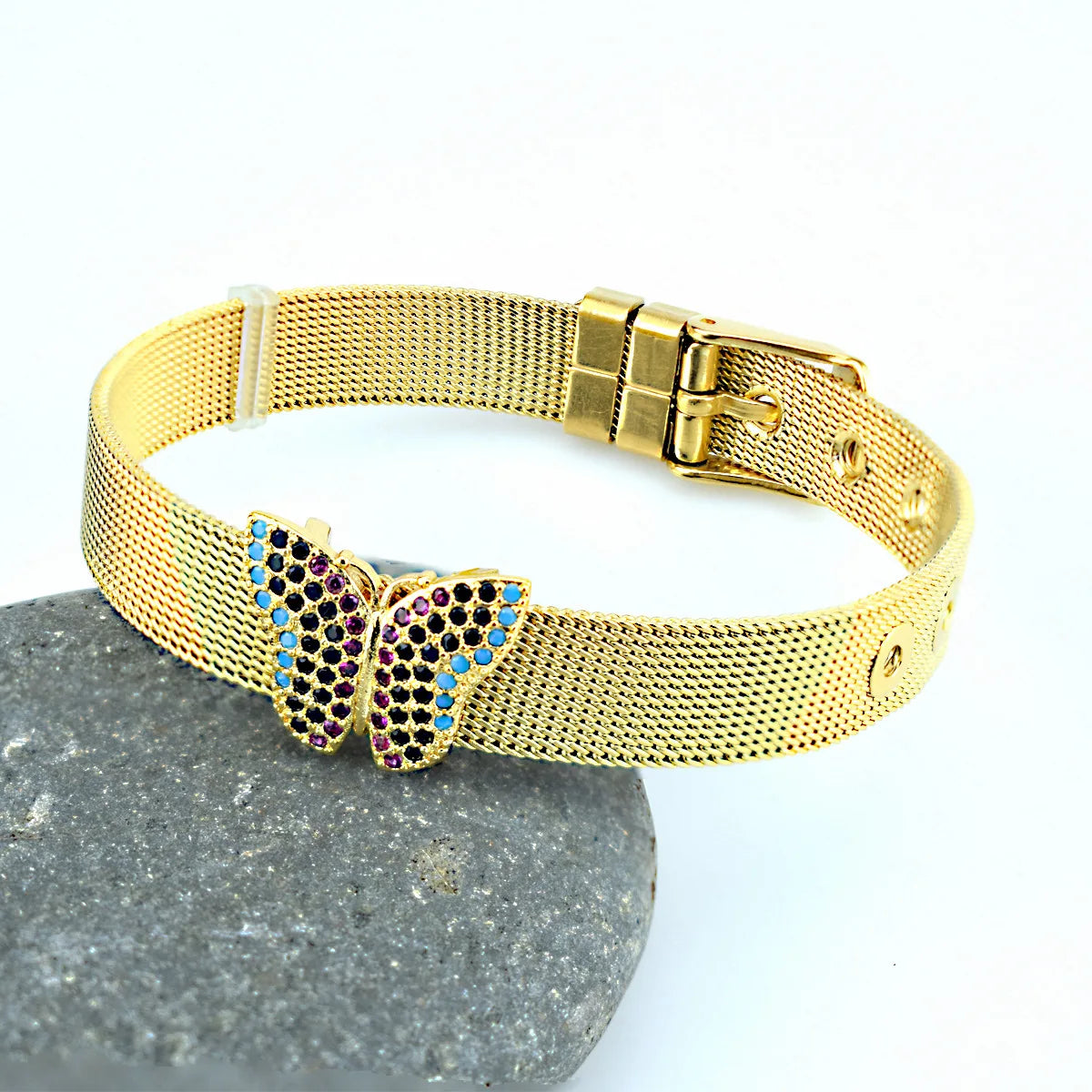 Simple fashion love palm evil eye stainless steel strap bracelet inlaid with colored diamonds zircon men and women jewelry gifts Qme 2 Gold