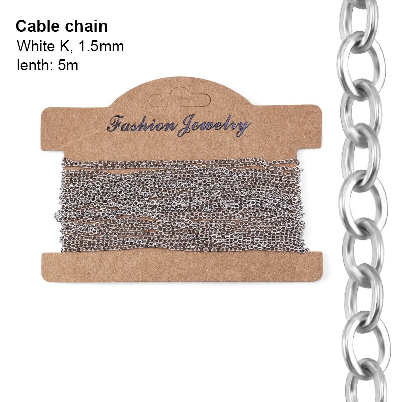 6 Types Jewelry Making Chains Plated Silver Gold Copper Cable Link Chains For DIY Jewelry Necklace Bracelet Crafts 5 Meters Qme Cable white K 1.5